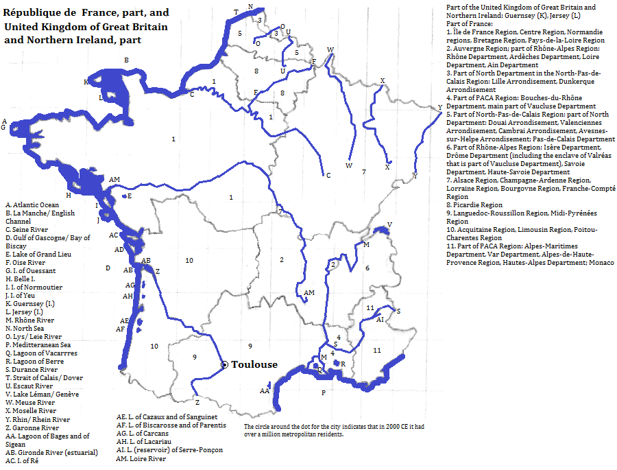 map showing part of the République de France, and part of the United Kingdom of Great Britain and Northern Ireland, 2000 CE